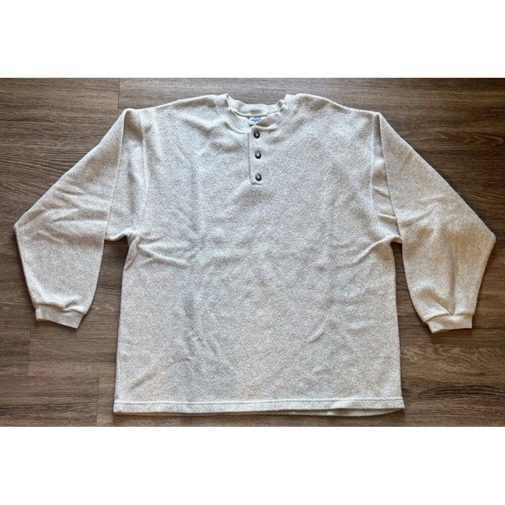 Vintage Somers Fleece Henley Long Sleeve Oatmeal Color Made In Colorado USA Sz L